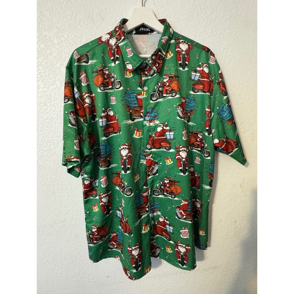 JOGAL Mens Santa Motorcycle Print Short Sleeve Button Up Shirt - XL‎ Festive